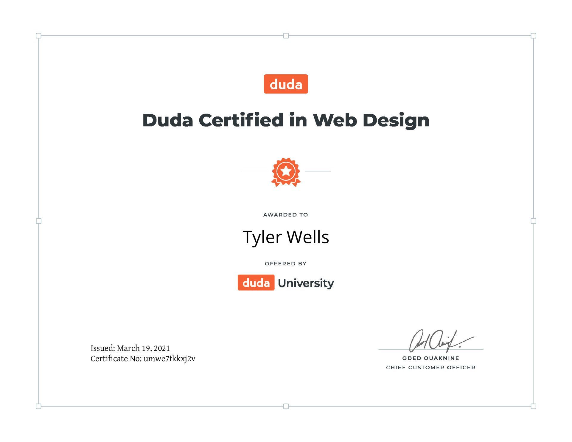 A certificate that says duda certified in web design on it