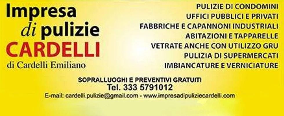 Biglietto da visita per Cardelli servizi di pulizia: sfondo giallo, nome dell'azienda, elenco dei servizi