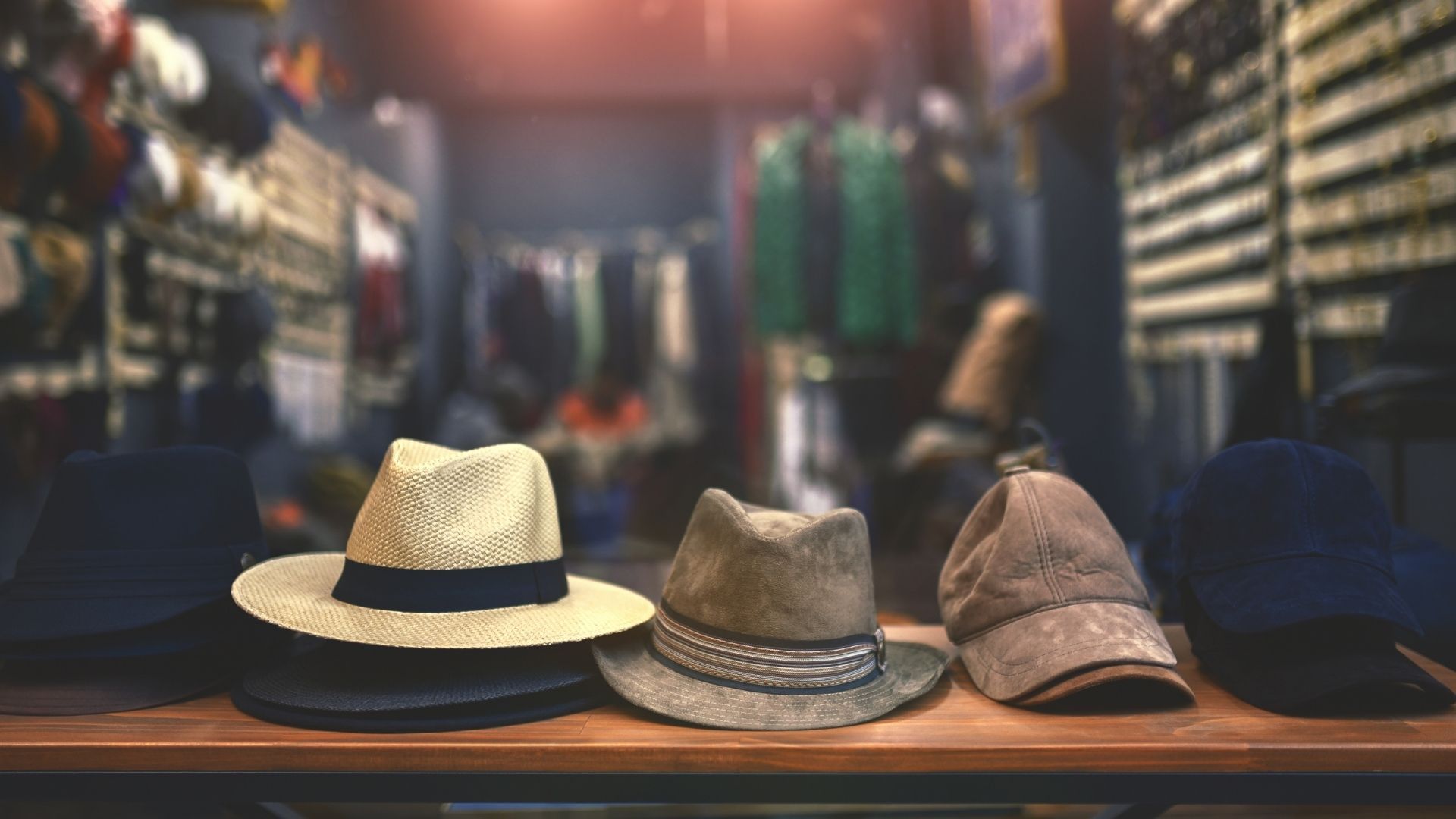 three hats are sitting on a wooden shelf in a store .