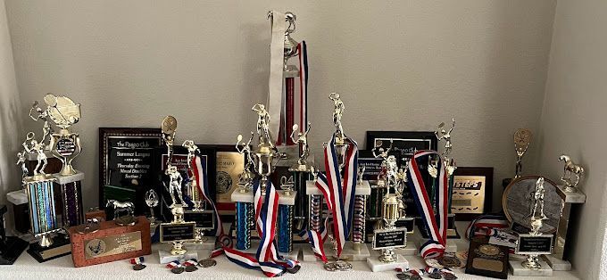 A shelf filled with trophies , medals , and plaques.