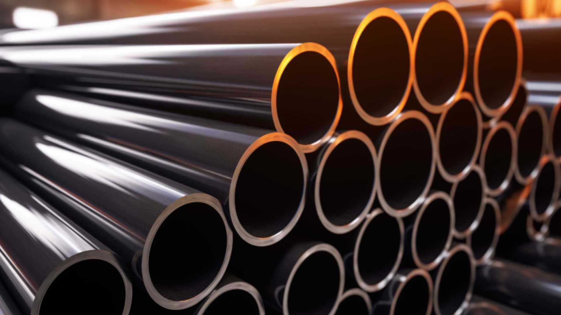 A bunch of metal pipes are stacked on top of each other.