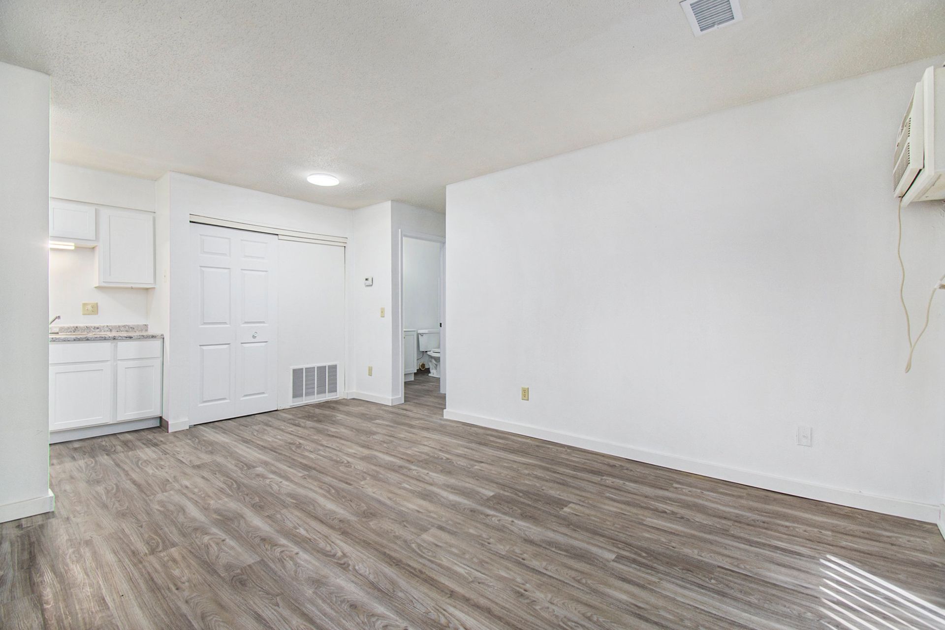 Empty living room with light gray wood-look flooring, white walls, and a small kitchen area.