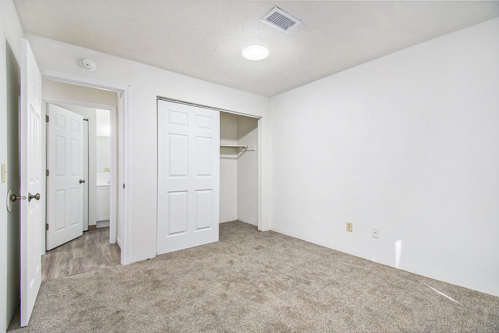 Empty bedroom with white walls, carpet, closet, and open door.