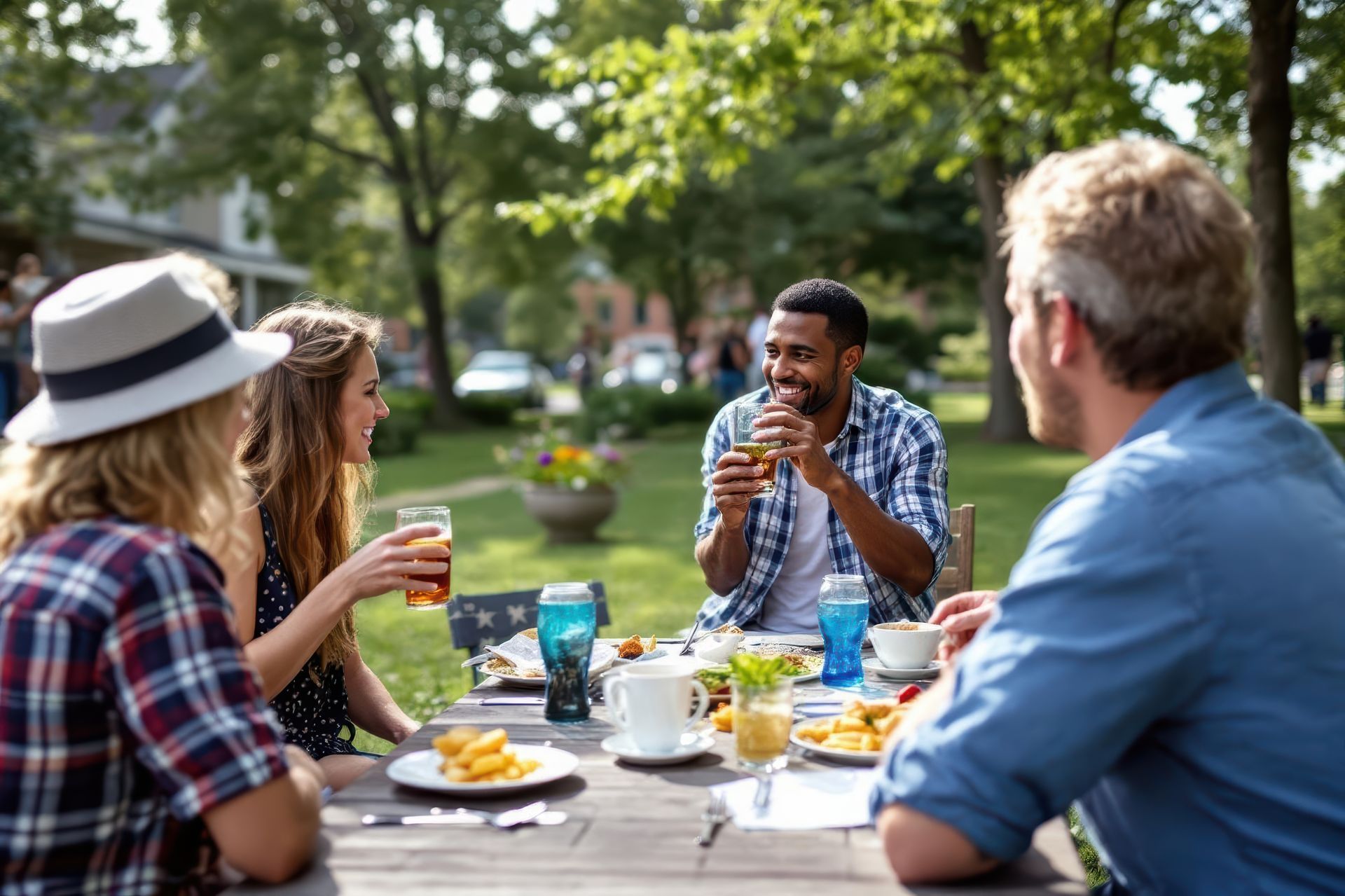 Four people eating and drinking at an outdoor table. A man eats a burger; everyone is smiling. Sunny day.