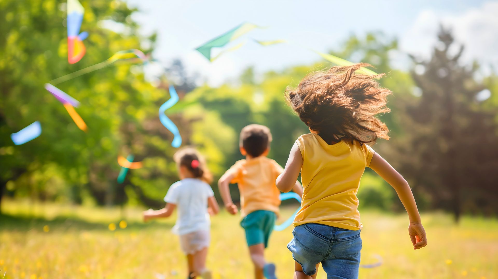 Three children run in a sunny meadow, with kites flying in the background.