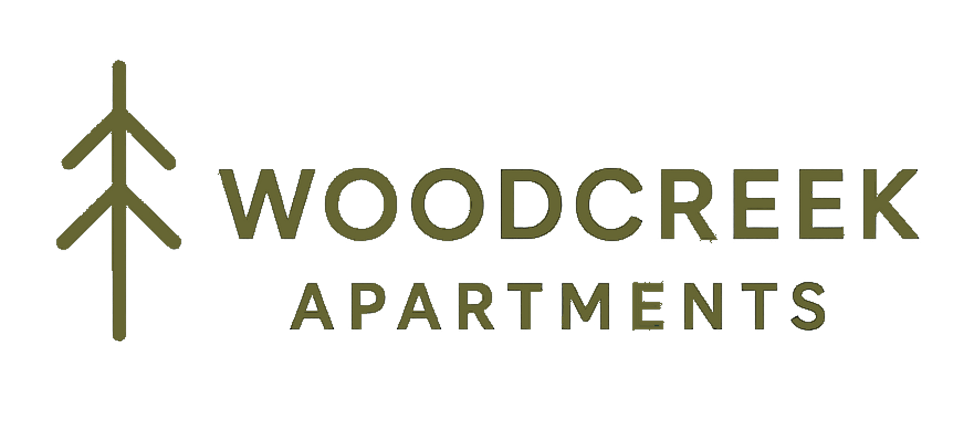Logo for Woodcreek Apartments: a dark green pine tree next to the words "WOODCREEK APARTMENTS".
