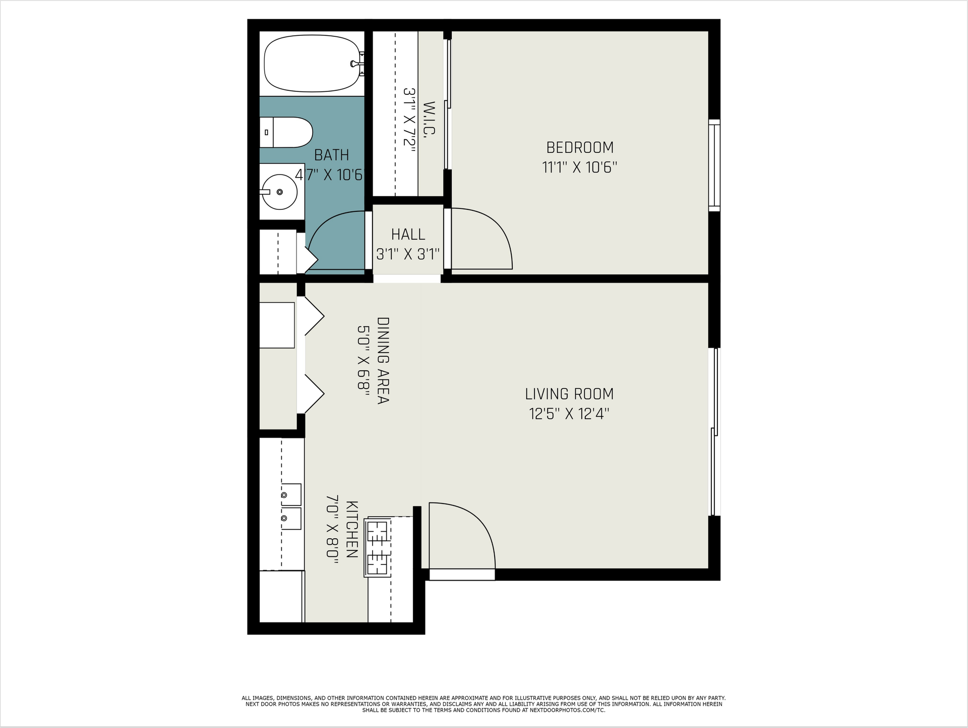Floor plan: one bedroom apartment layout with living room, bathroom, and kitchen.