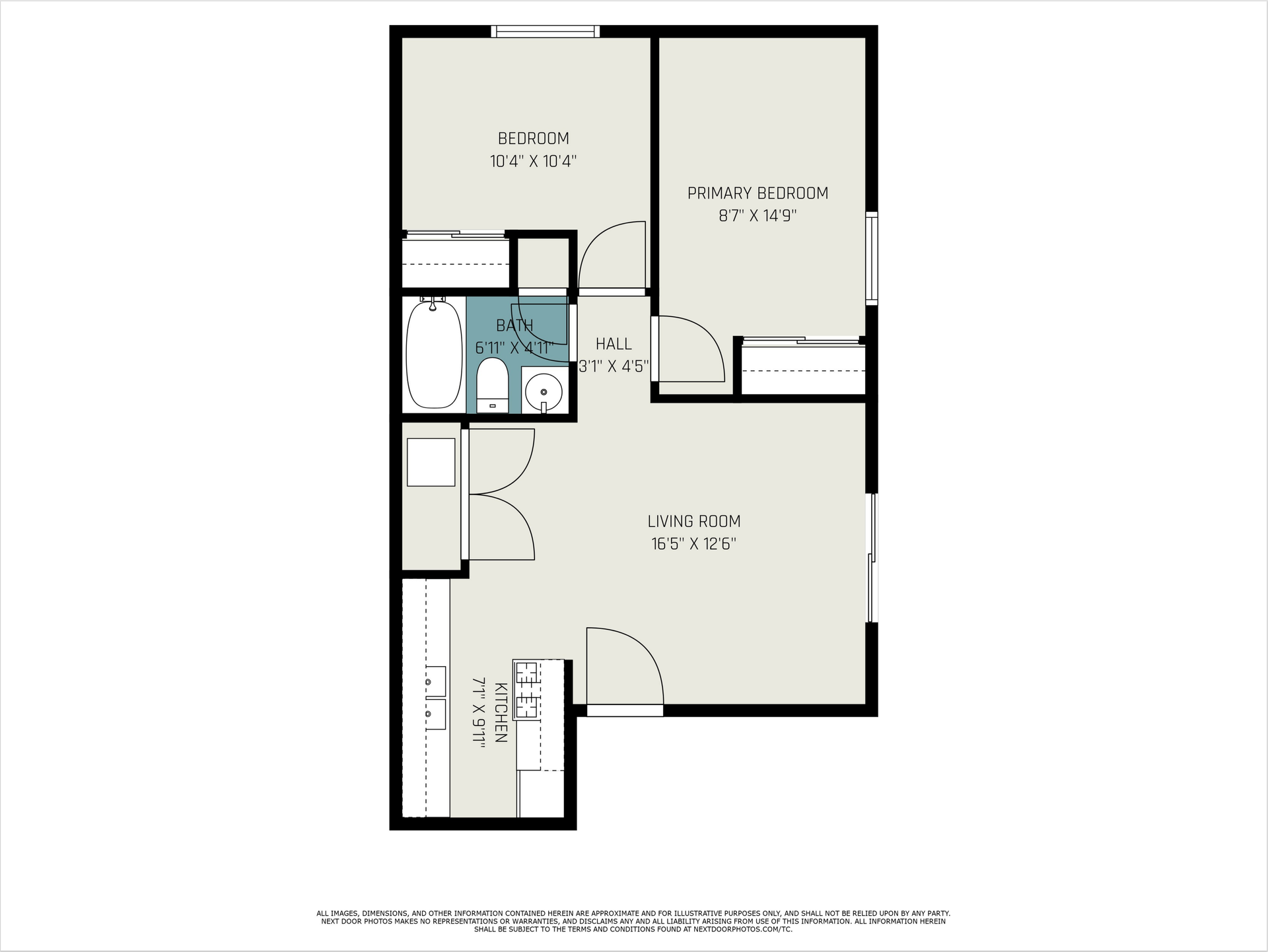 Floor plan of an apartment with a kitchen, bathroom, bedroom, and living room layout.