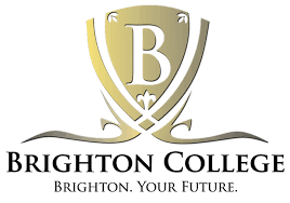Brighton College logo: gold shield with a B, ornate flourishes, and text 