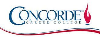 A concorde career college logo with a red , white and blue wave.