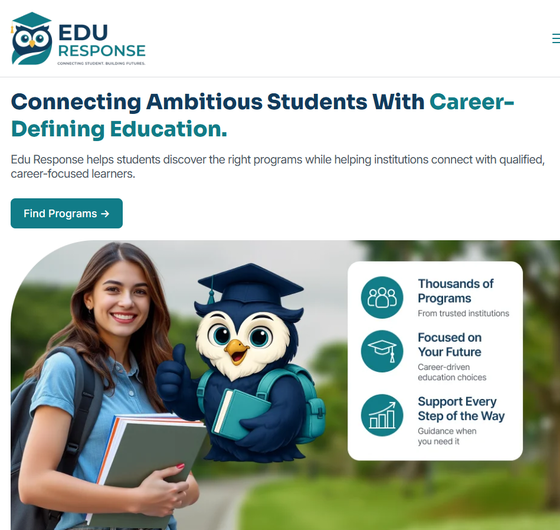 EduResponse career education banner with student, mascot, and program highlights on blue background