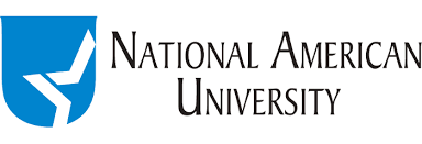 Logo for National American University: blue shield with a white design and black text.