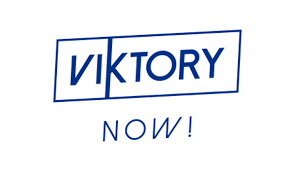 A blue and white logo for victory now