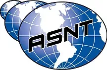 The asnt logo is a blue globe with a map of the world on it.