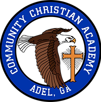 Community Christian Academy logo: Blue circle with eagle, cross, and text 