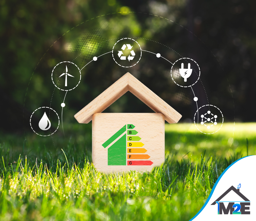 Maison en bois avec icône de performance énergétique, entourée de symboles d'énergies renouvelables sur la pelouse.