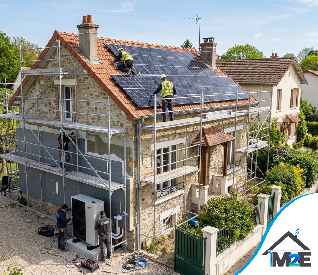Des ouvriers installent des panneaux solaires sur le toit d'une maison en pierre ; des échafaudages et l'installation d'une pompe à chaleur sont en cours.