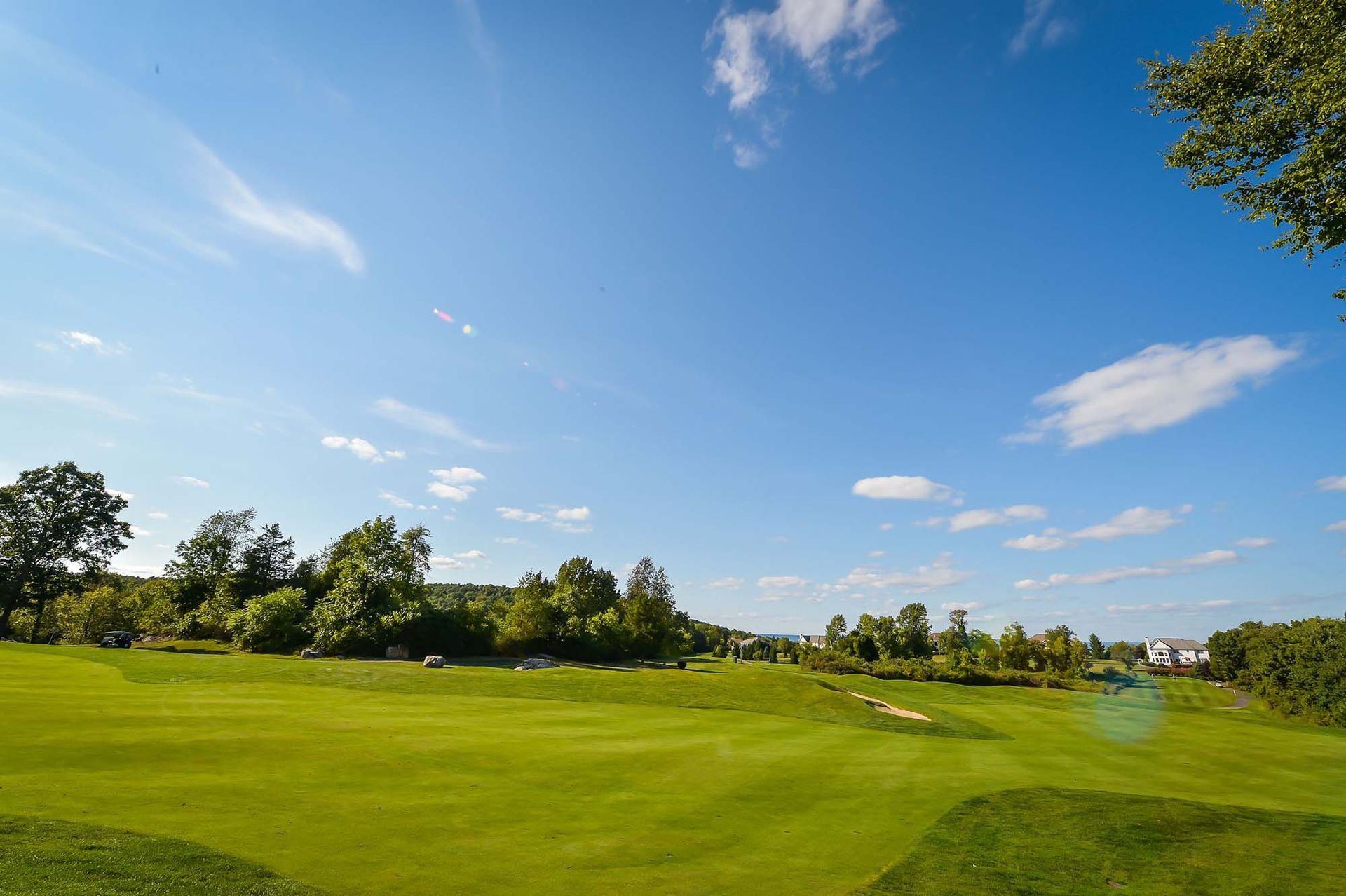 A golf course with trees and a blue sky in the background