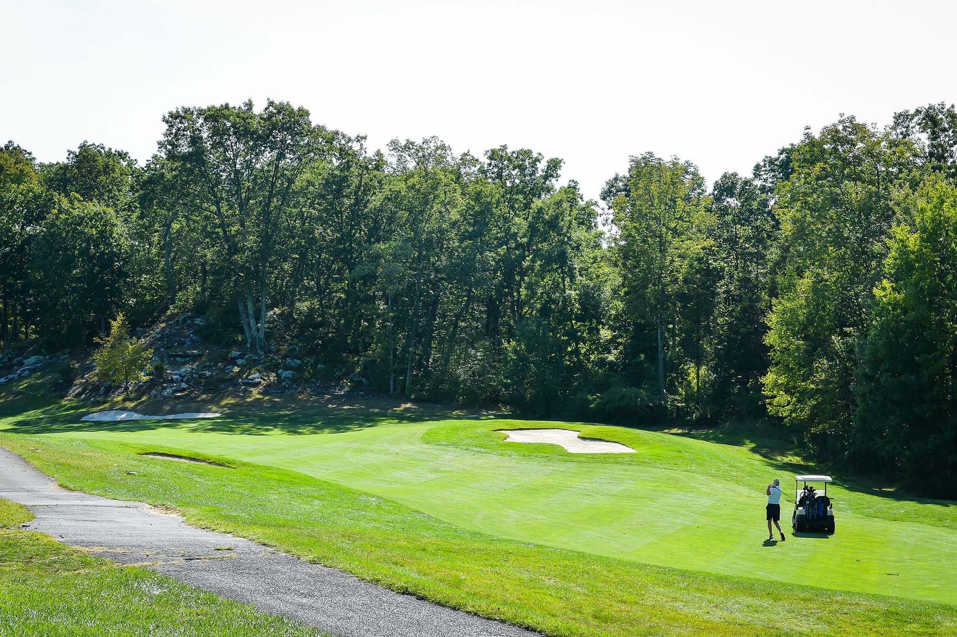 Two people are playing golf on a golf course with trees in the background.