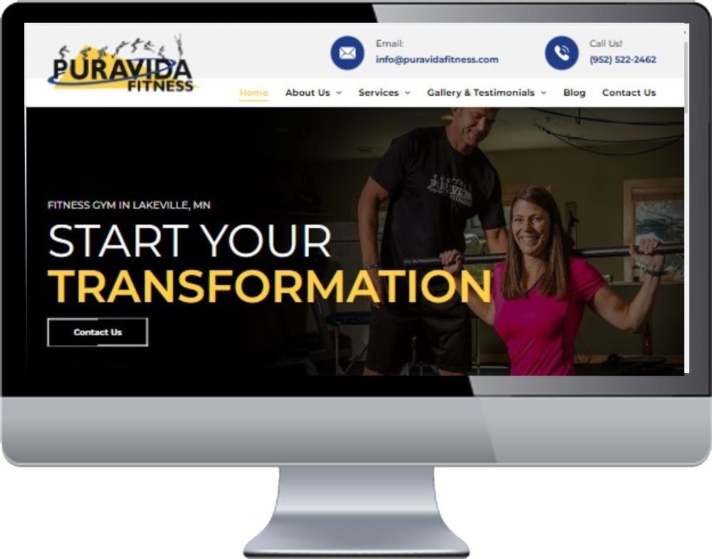 A computer screen shows a website for puravida fitness.