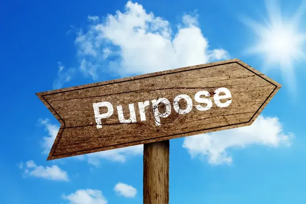 A wooden sign with the word purpose written on it.