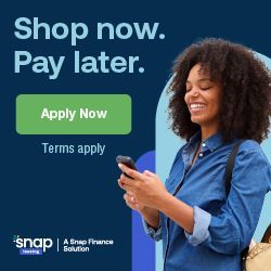 Promo for Snap Finance: “Shop now. Pay later.” with green “Apply Now” button and smiling woman using a phone.