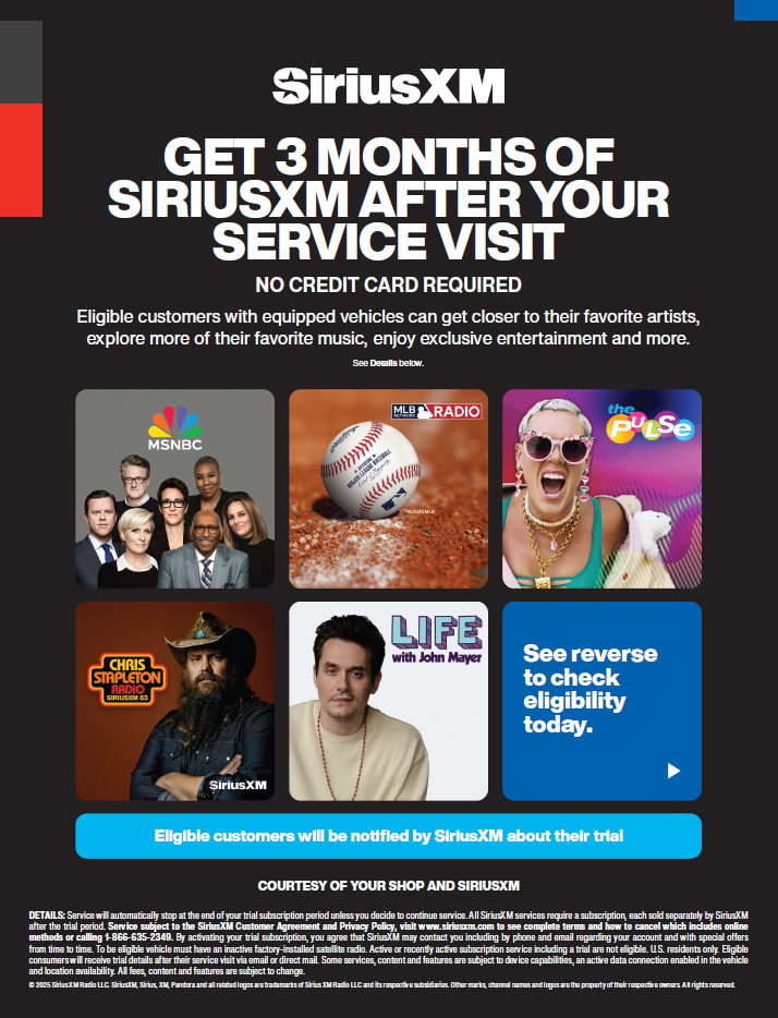 SiriusXM promo for 3 months free after service visit, with six show and celebrity tiles.