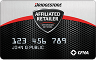 Bridgestone affiliated retailer membership card with black, red, and silver design and sample number 123 456 789