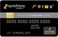 Black Synchrony Financial credit card with gold chip, gold text, and “For all your car care needs” banner.
