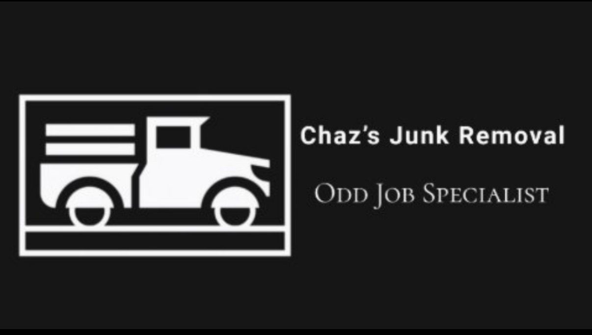 Logo for Chaz’s Junk Removal, with a white truck icon and the text “Odd Job Specialist” on a dark background
