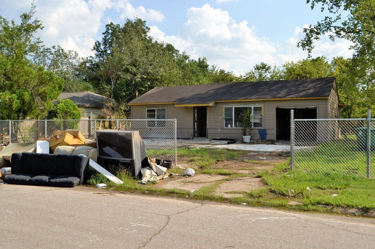 Worker in red shirt stands on a rooftop near a van, handling debris and tools beside a tree.