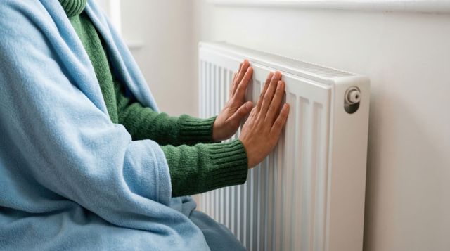 Person warming hands on a white radiator beside a window, wrapped in a blue blanket