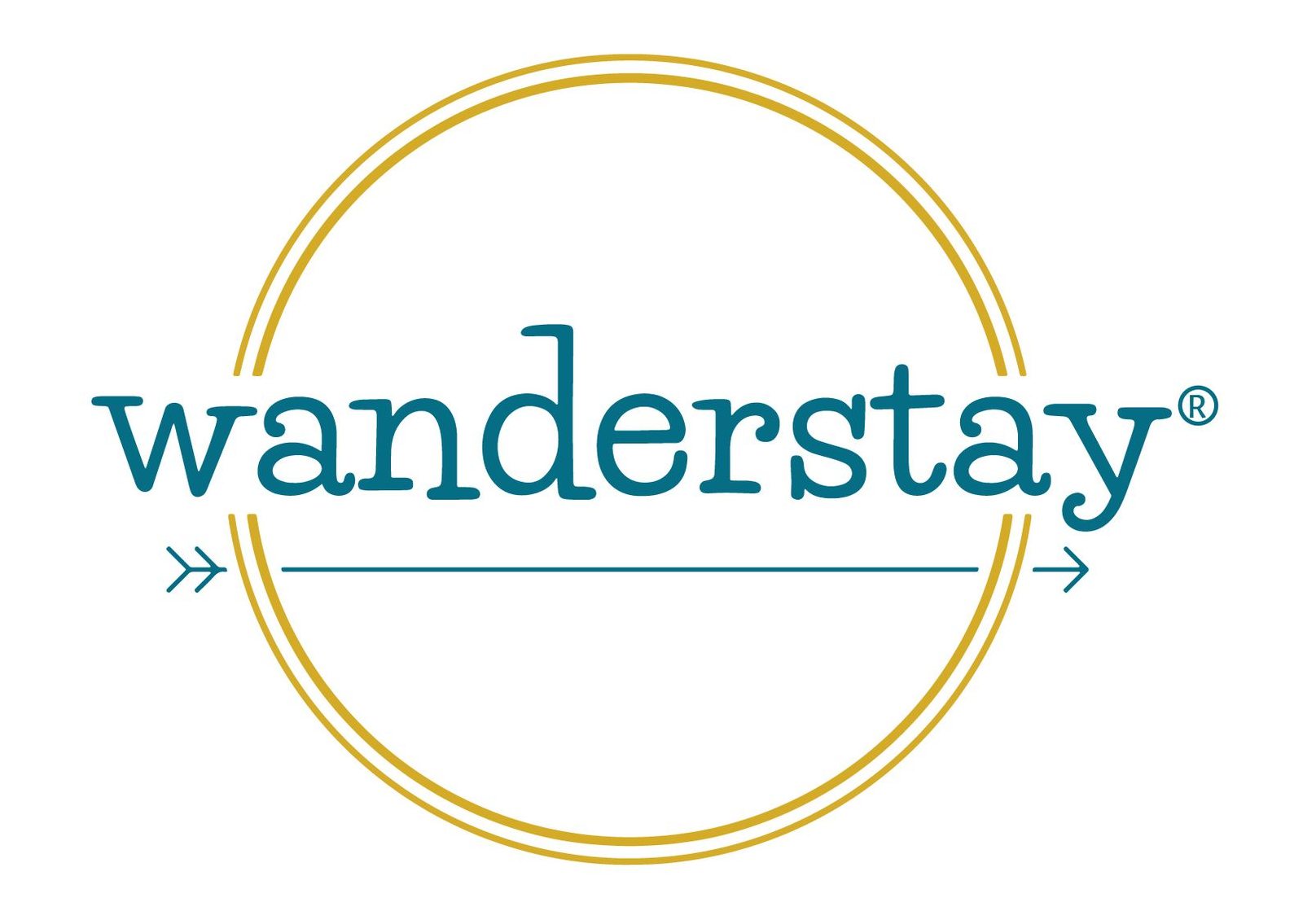 Logo for Wanderstay with teal text inside a gold double circle.