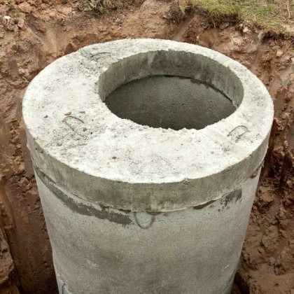 Concrete well ring with a circular opening, set in a dirt trench.