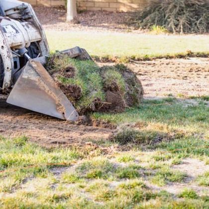 A skid steer moving a pile of grass and dirt in a yard.