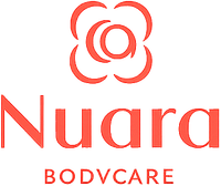 Logo di Nuara Bodycare con icona floreale rossa e testo su sfondo bianco.