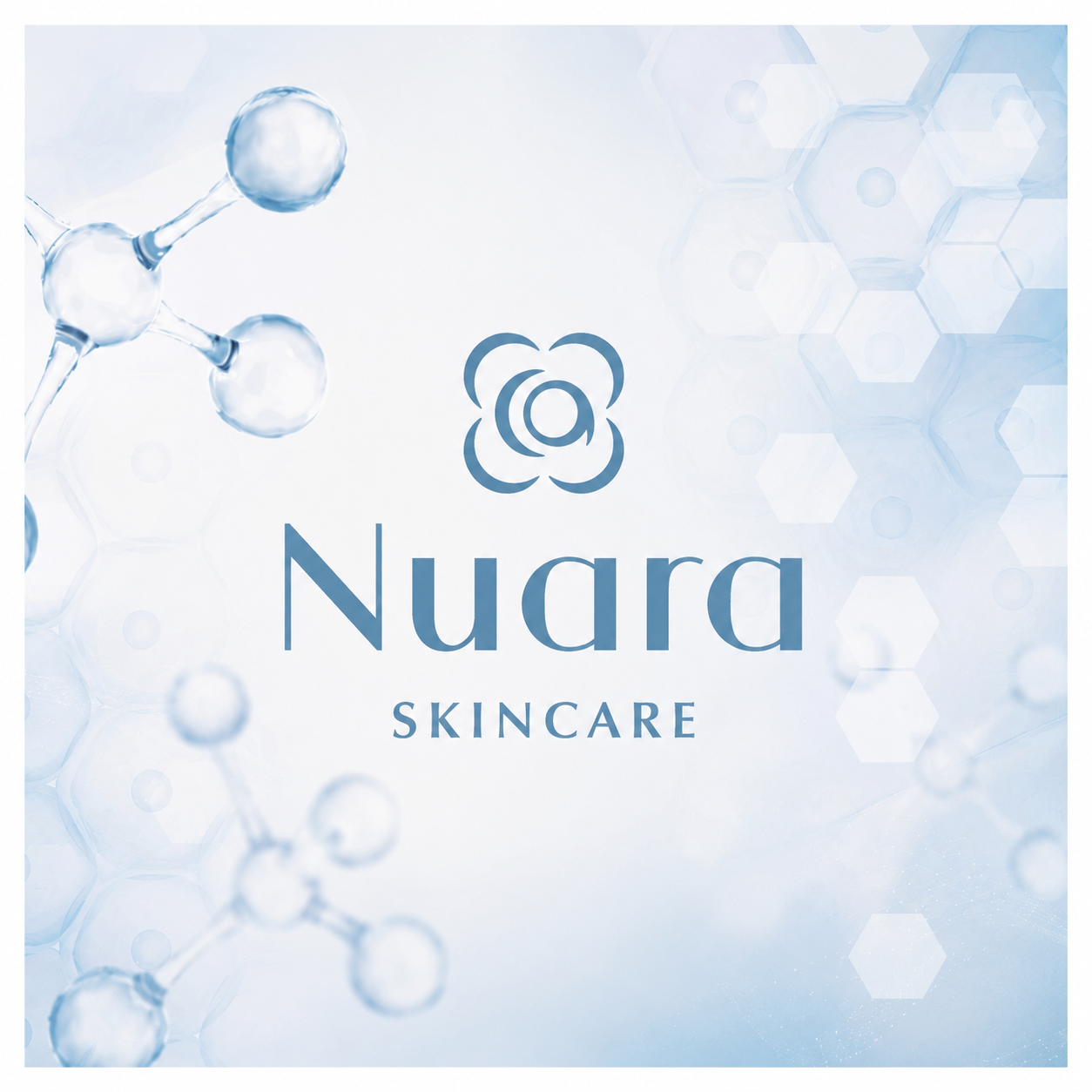 Logo di Nuara Skincare su uno sfondo a bolle blu e bianche.
