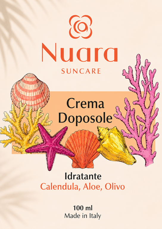 Etichetta del flacone di crema solare Nuara Doposole con conchiglie, coralli e stelle marine su sfondo beige.