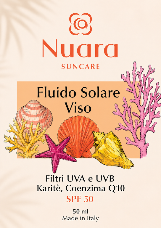 Crema solare viso Nuura Suncare SPF 50 in tubetto con decorazione a tema barriera corallina e stelle marine.
