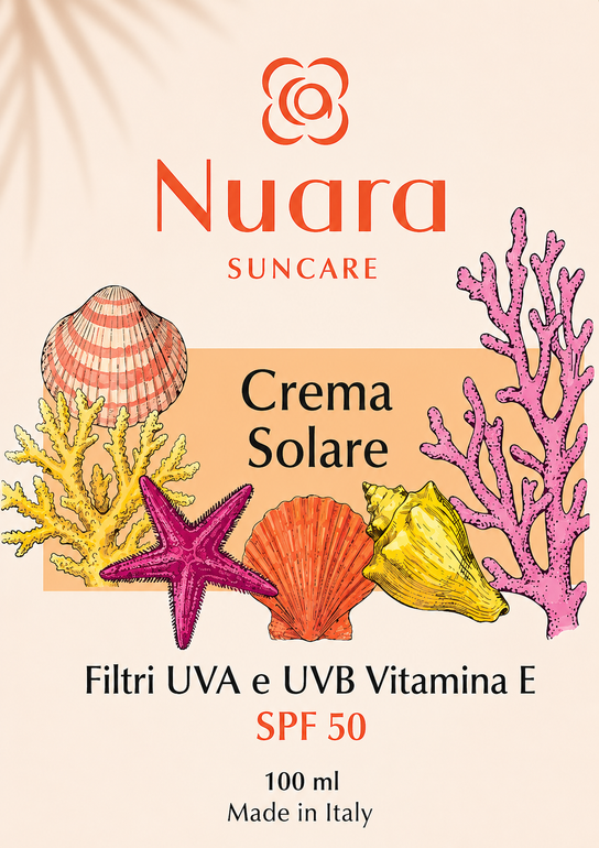 Confezione della crema solare Nuara Suncare SPF 50 con illustrazioni colorate di coralli, stelle marine e conchiglie.