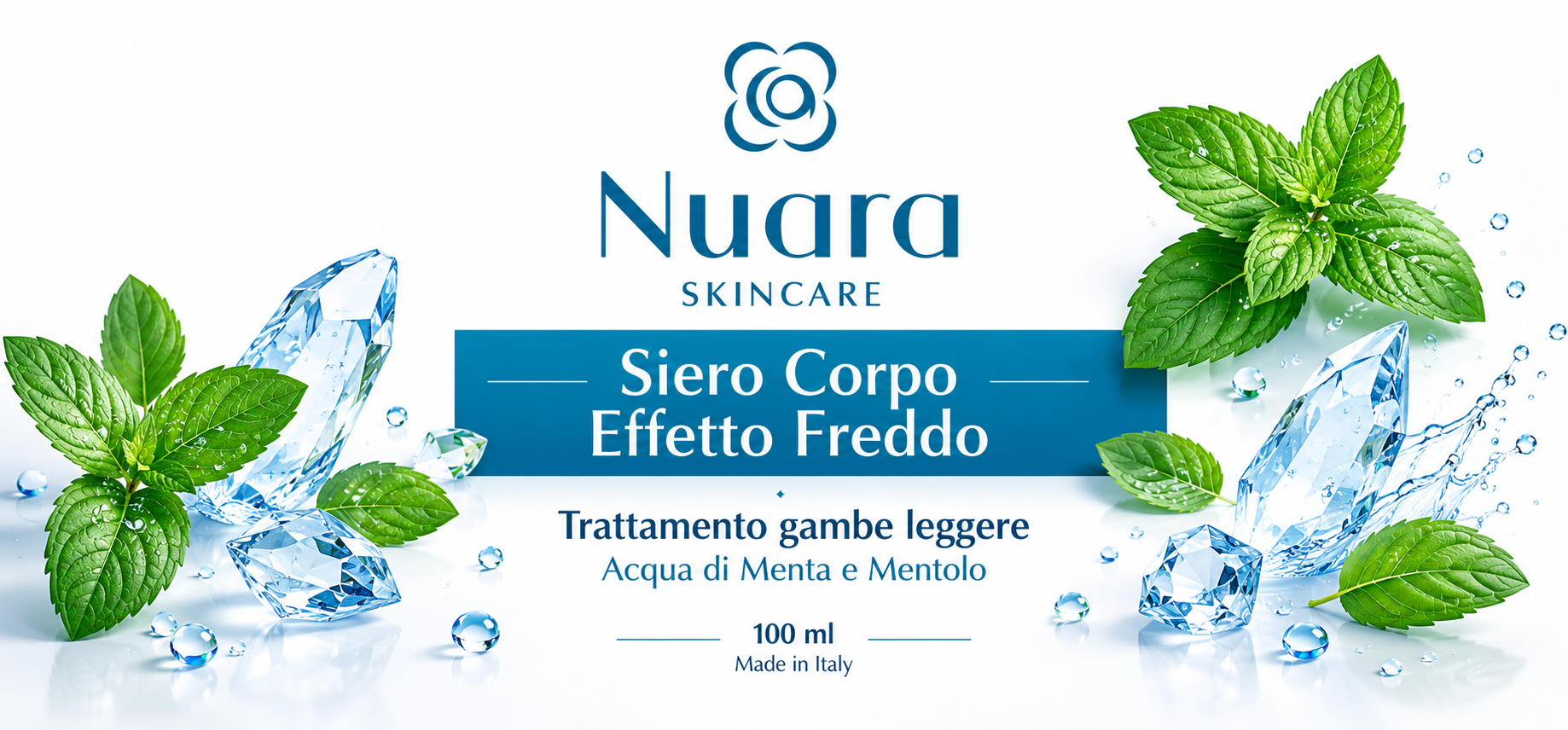 Nuura skincare Siero Corpo Effetto Freddo con foglie di menta e schizzi d'acqua blu ghiaccio su sfondo bianco