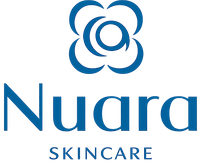 Logo di Nuara Skincare con icona di un fiore blu e testo su sfondo bianco.