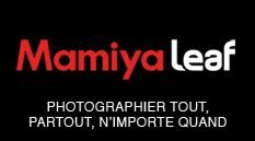 the logo for mamiya leaf is red and white on a black background .