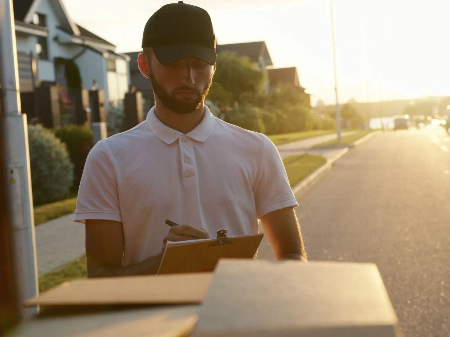 a delivery man is writing on a clipboard in front of a cardboard box