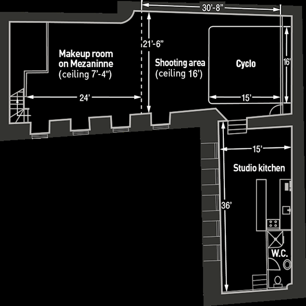 a black and white floor plan of a makeup room on mezzanine