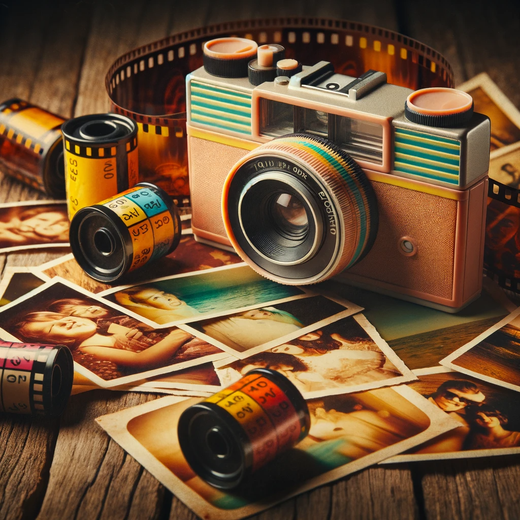 a camera sits on a wooden table surrounded by rolls of film and photos.