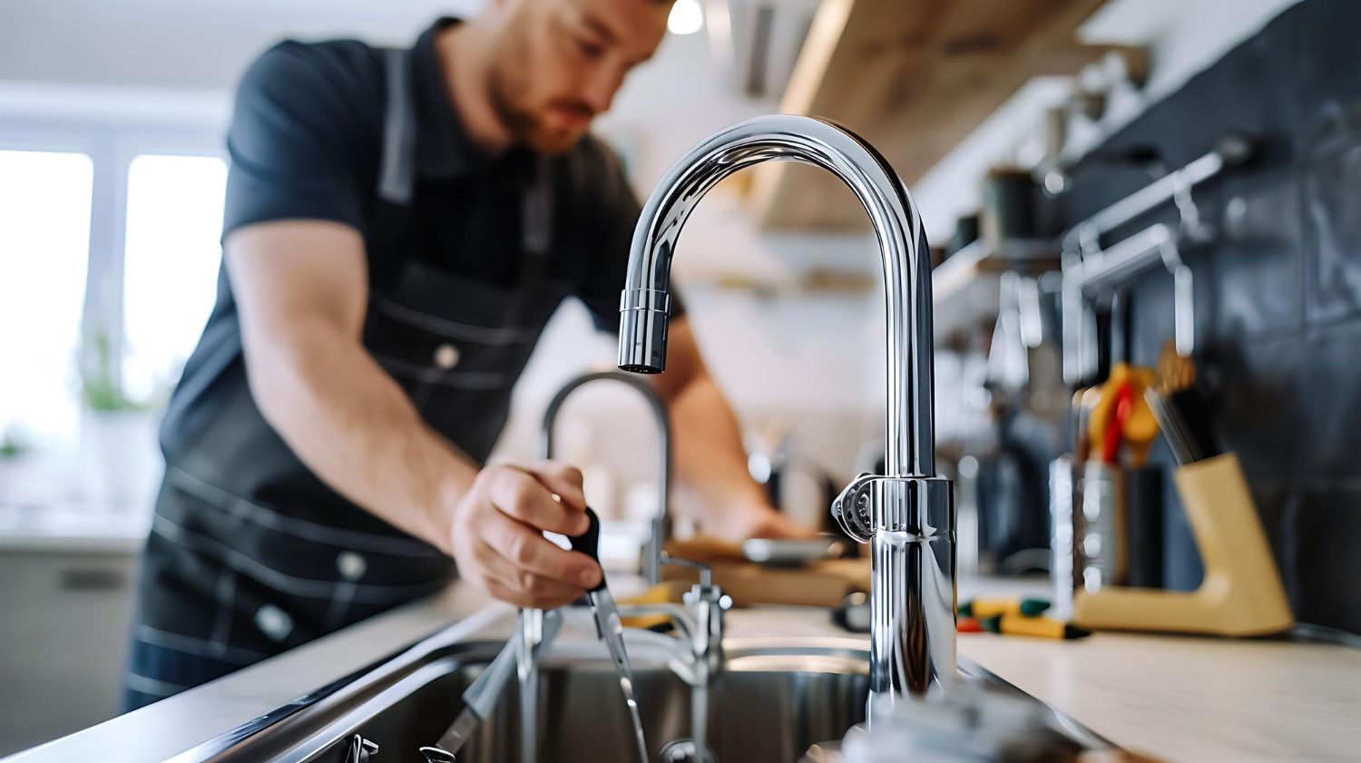 A man is fixing a faucet in a kitchen.