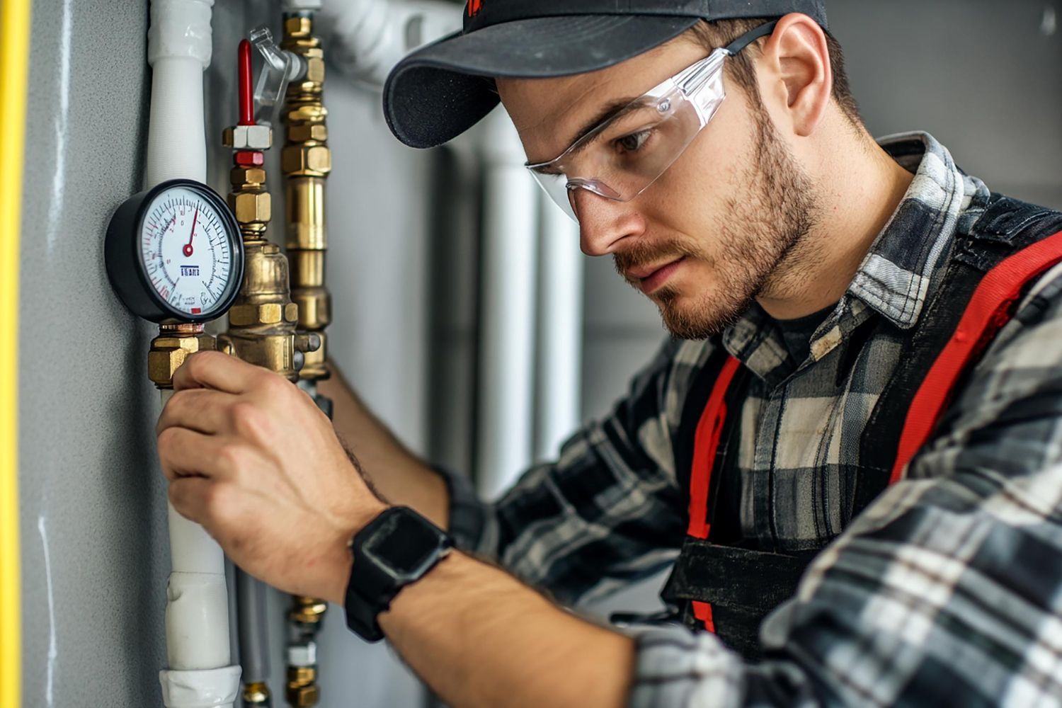 A man wearing safety glasses is working on a pipe.