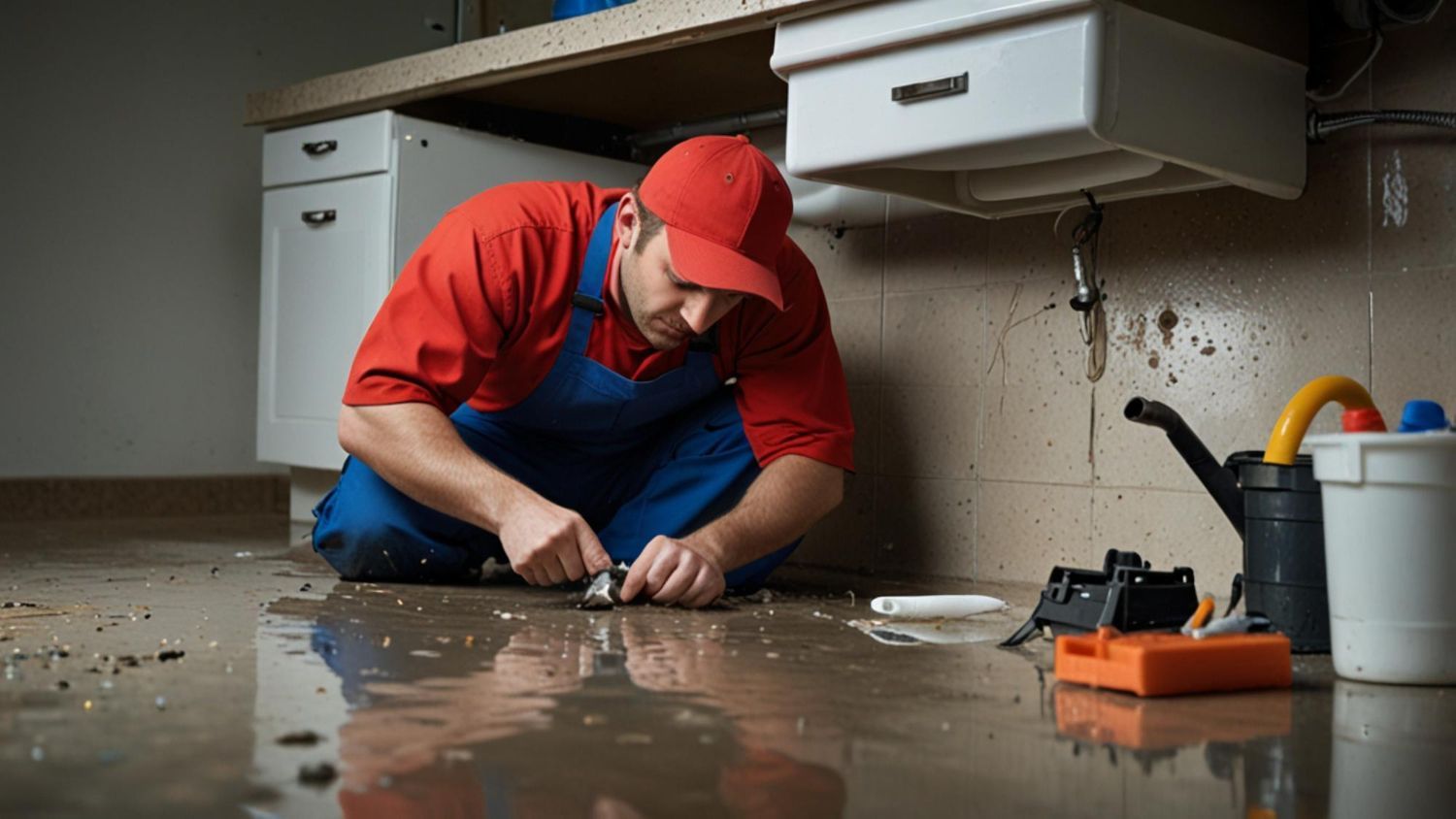 A man is kneeling on the floor fixing a leak in a kitchen.