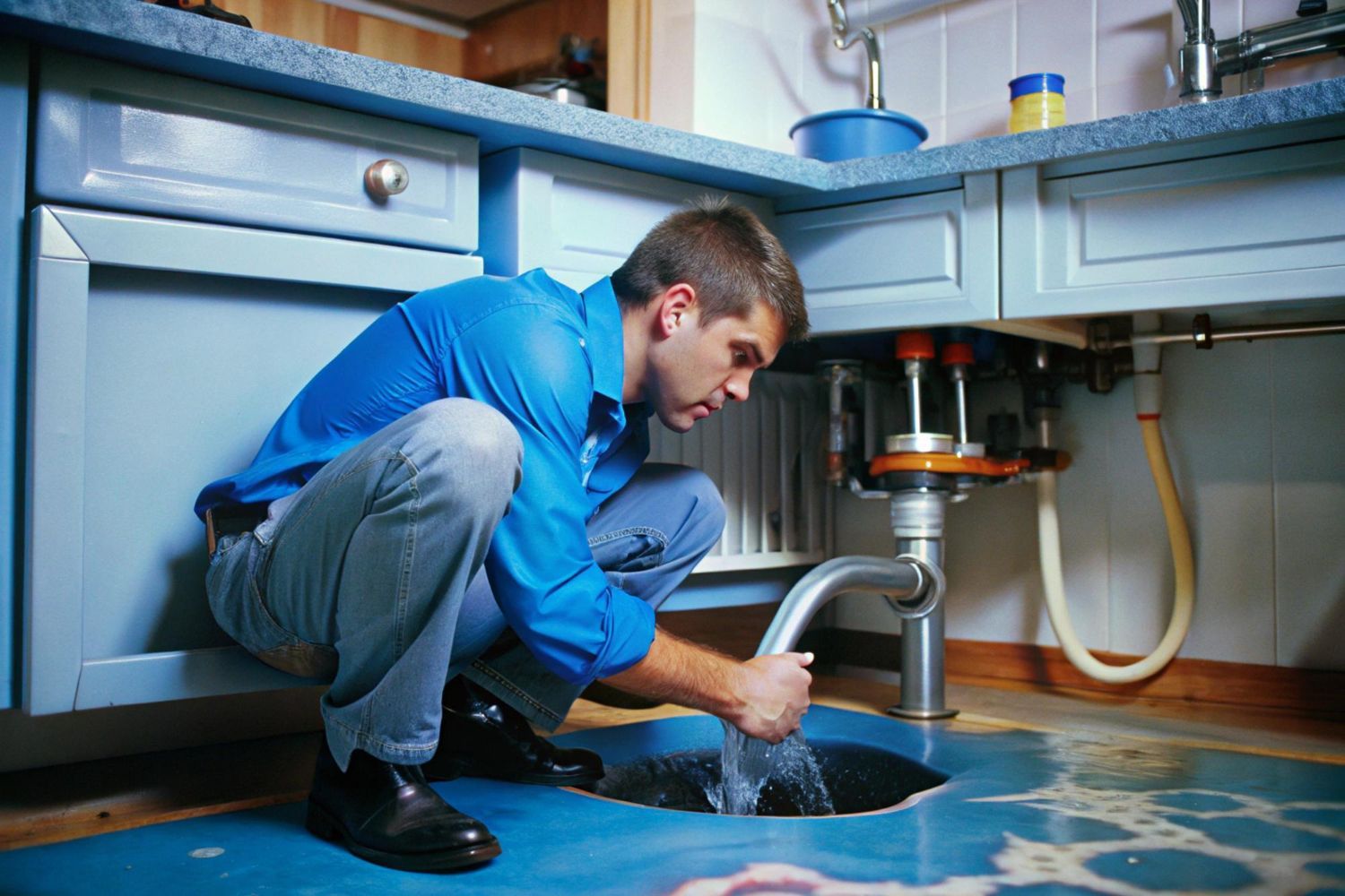 A man is kneeling down under a sink in a kitchen.